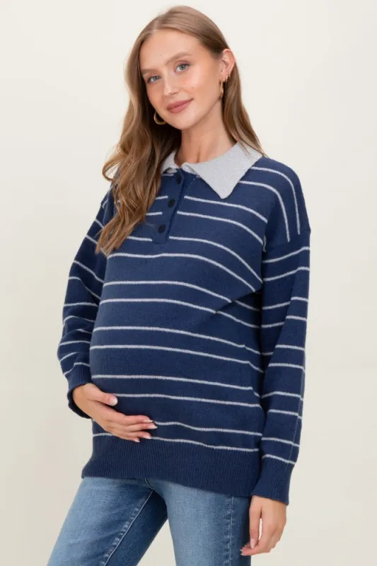 Navy Striped Knit Relaxed Fit Polo Maternity Sweater sold by Pinkblush
