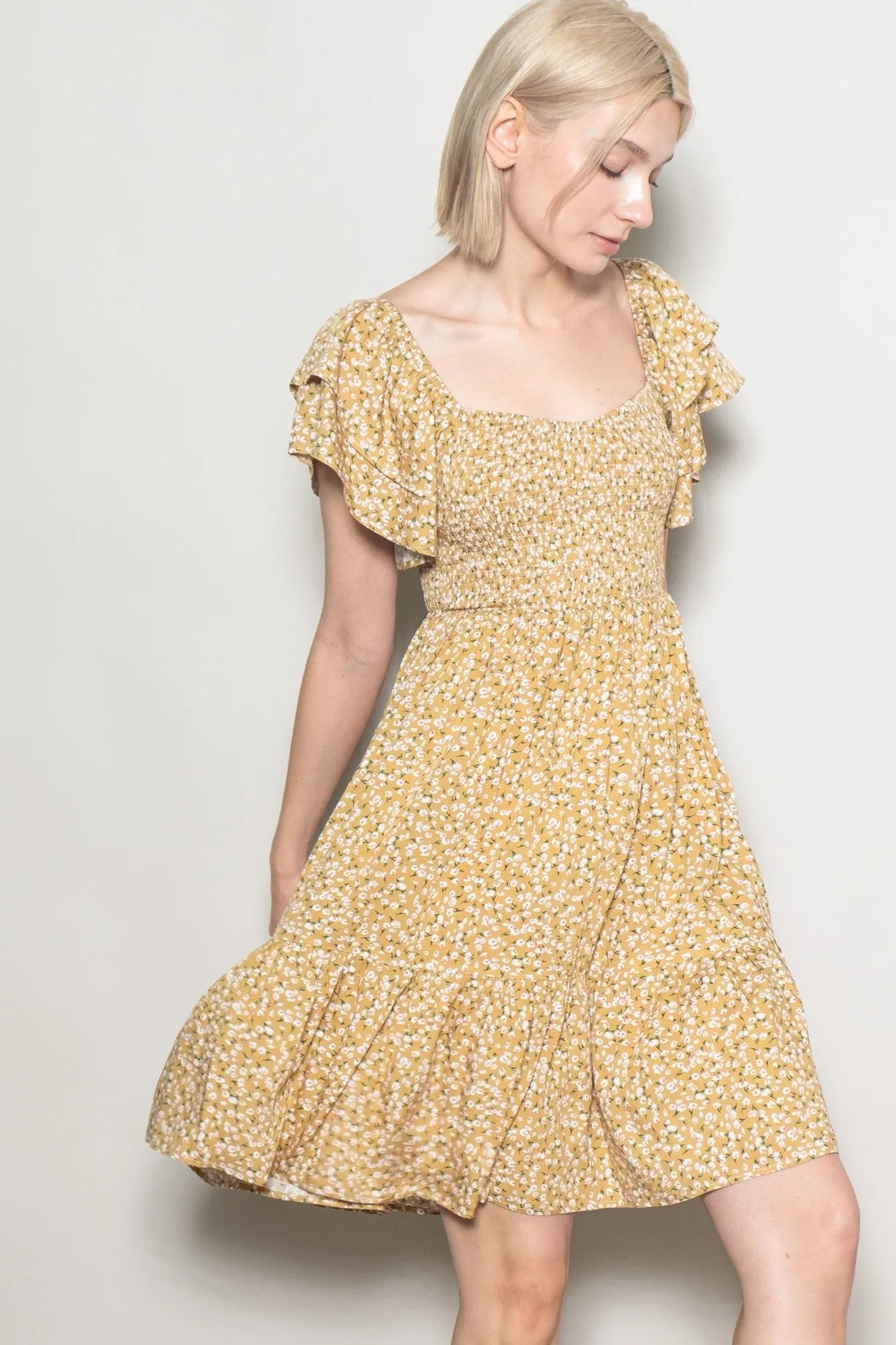 Yellow Floral Smocked Flutter Sleeve Dress sold by Pinkblush product image thumbnail 2