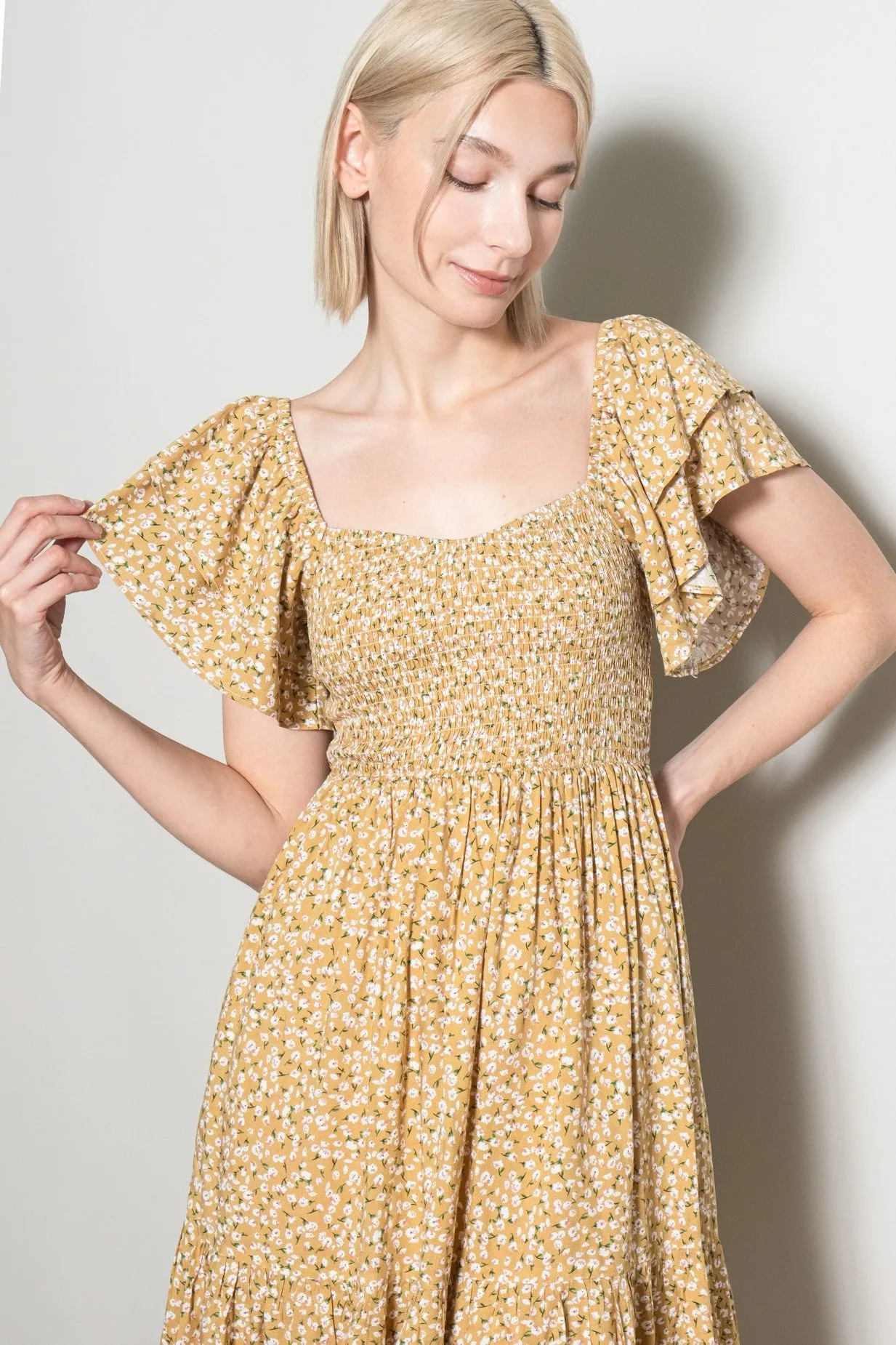 Yellow Floral Smocked Flutter Sleeve Dress sold by Pinkblush product image thumbnail 4