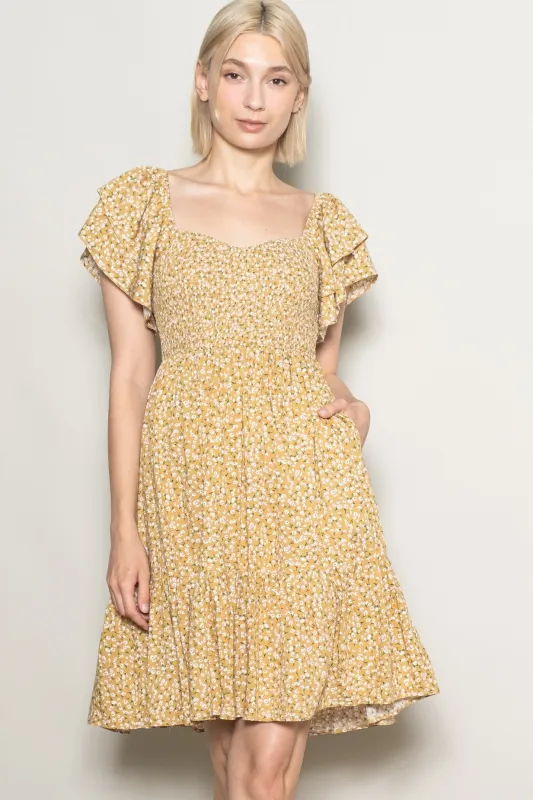 Yellow Floral Smocked Flutter Sleeve Dress sold by Pinkblush