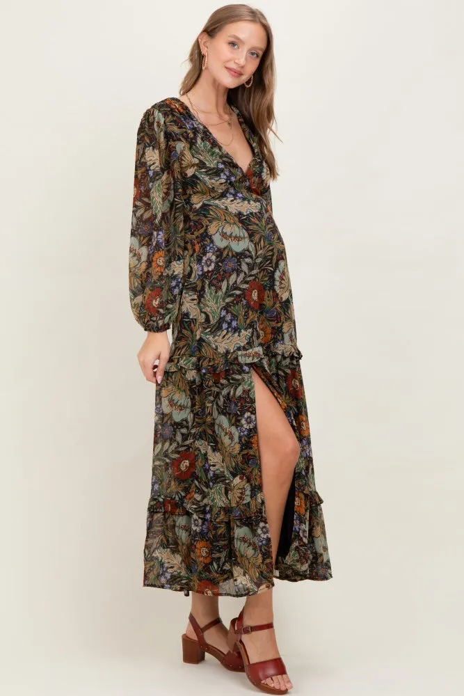 Black Floral Chiffon V-Neck Long Sleeve Maternity Maxi Dress sold by Pinkblush product image thumbnail 3