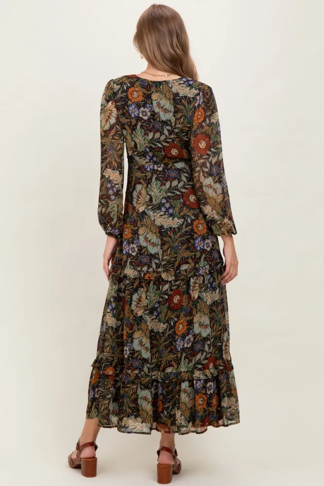 Black Floral Chiffon V-Neck Long Sleeve Maternity Maxi Dress sold by Pinkblush product image thumbnail 4