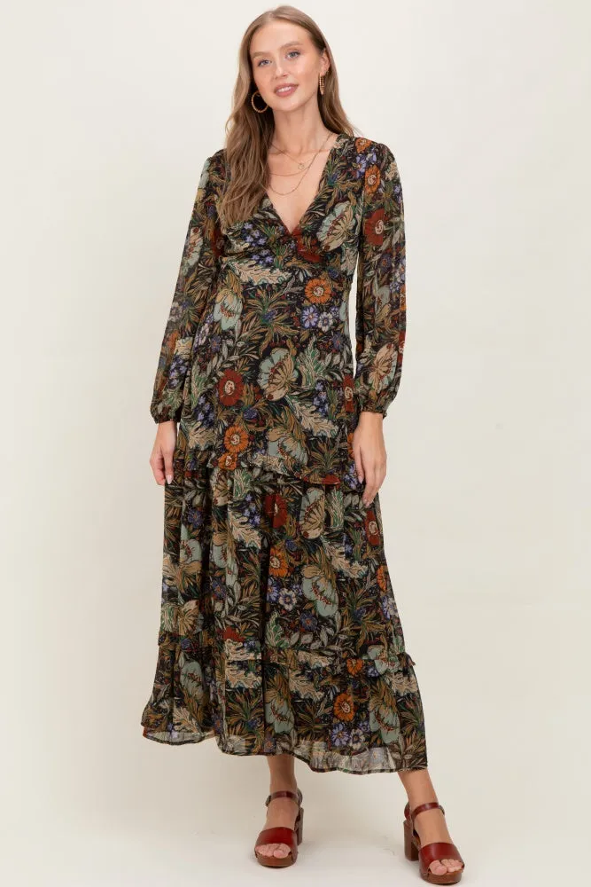 Black Floral Chiffon V-Neck Long Sleeve Maternity Maxi Dress sold by Pinkblush