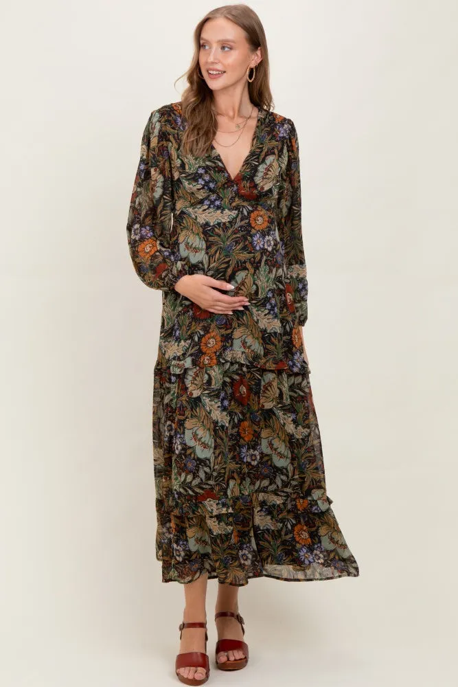 Black Floral Chiffon V-Neck Long Sleeve Maternity Maxi Dress sold by Pinkblush product image thumbnail 2
