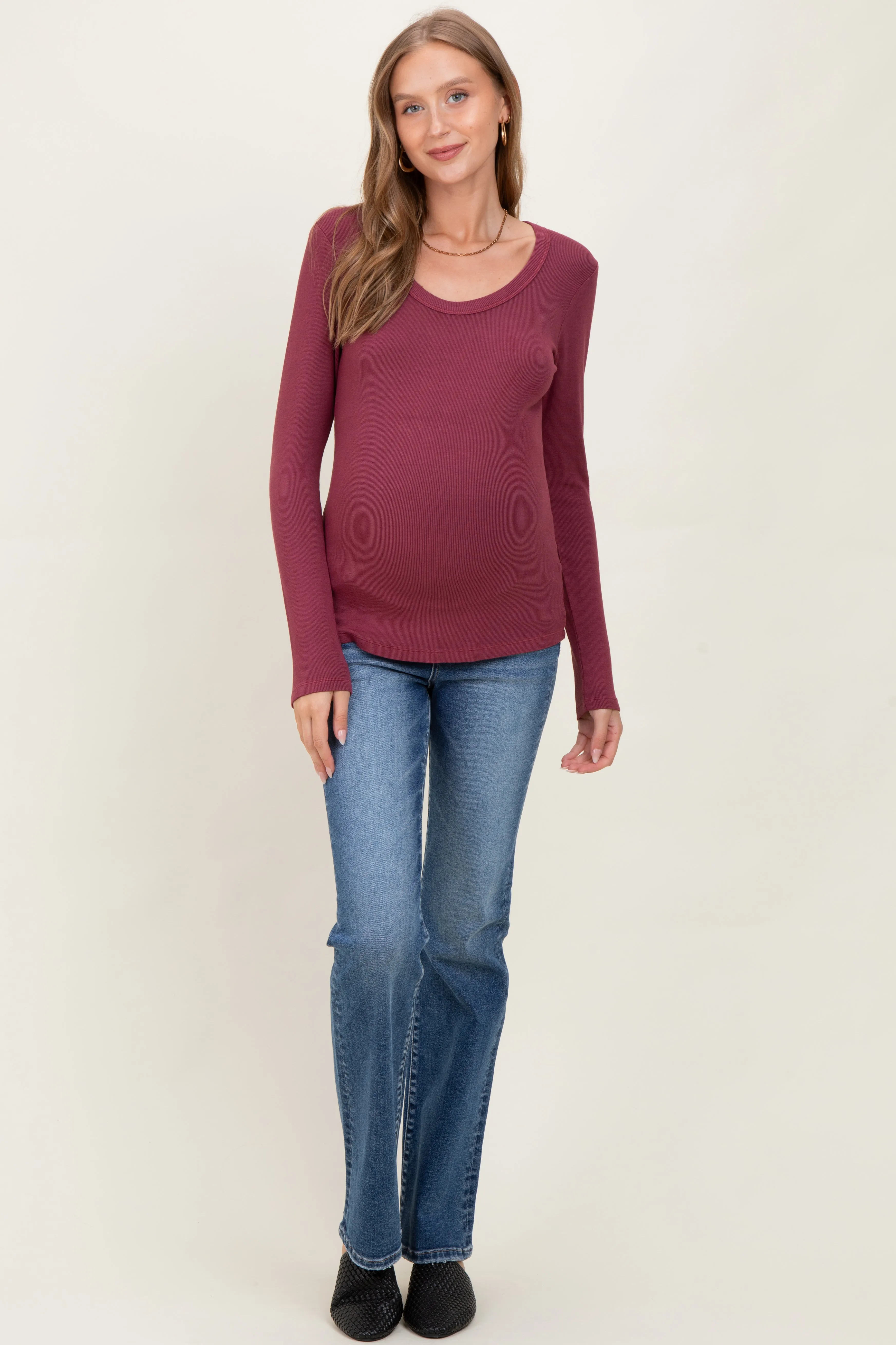 Burgundy Fine Rib Scoop Neck Maternity Long Sleeve Top sold by Pinkblush product image thumbnail 2