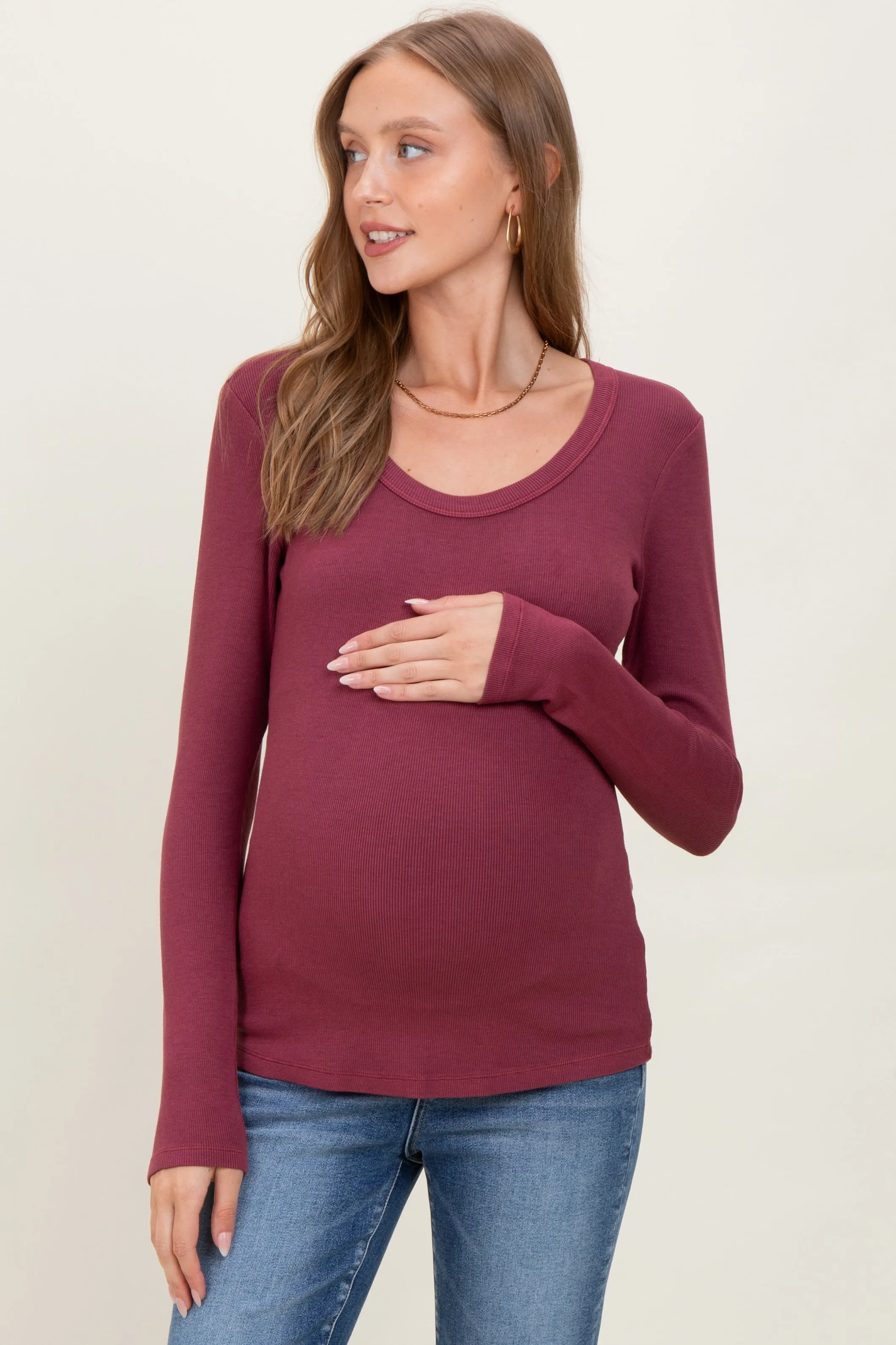 Burgundy Fine Rib Scoop Neck Maternity Long Sleeve Top sold by Pinkblush