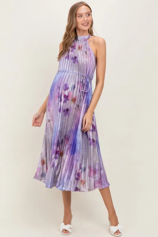 Lavender Floral Pleated Halter Maternity Midi Dress sold by Pinkblush