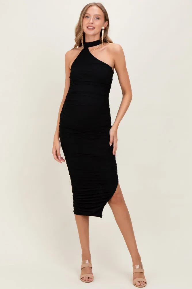 Black Mesh Draped Scarf Ruched Maternity Midi Dress sold by Pinkblush