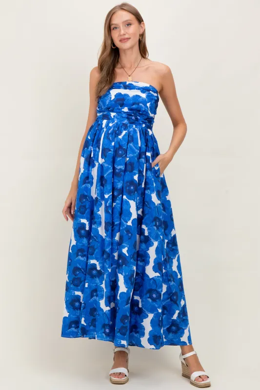 Royal Blue Floral Strapless Maternity Maxi Dress sold by Pinkblush