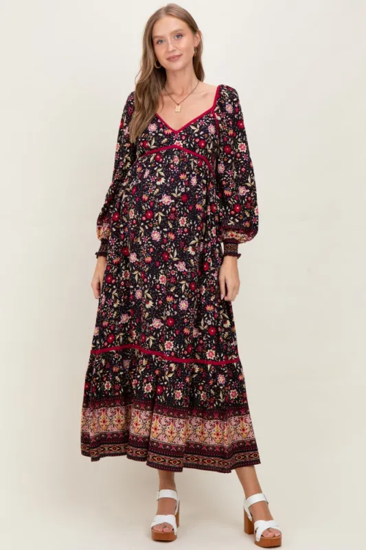 Navy Floral Border Print Long Sleeve Maternity Maxi Dress sold by Pinkblush