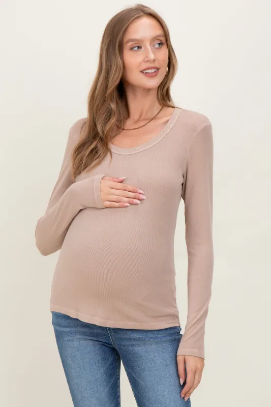 Beige Fine Rib Scoop Neck Maternity Long Sleeve Top sold by Pinkblush