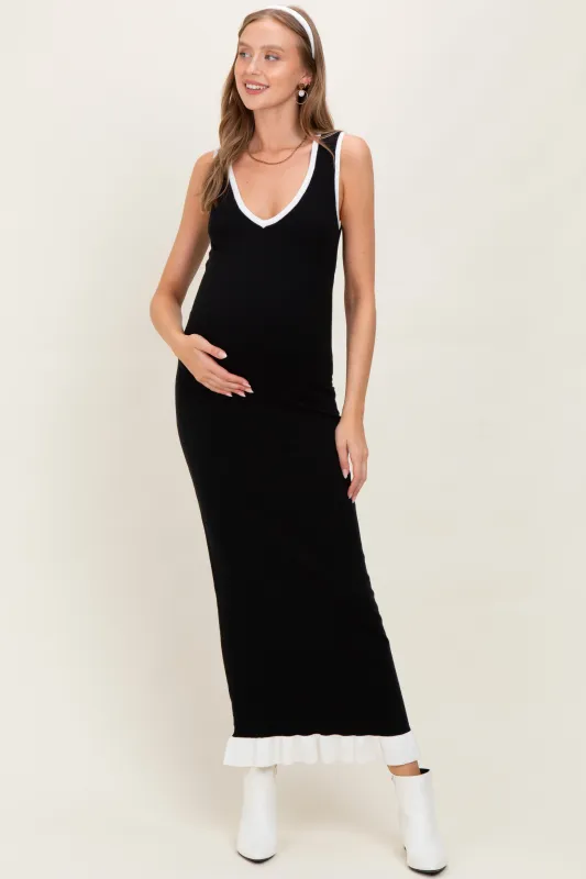 Black Knit V-Neck Contrast Ruffle Hem Maternity Maxi Dress sold by Pinkblush