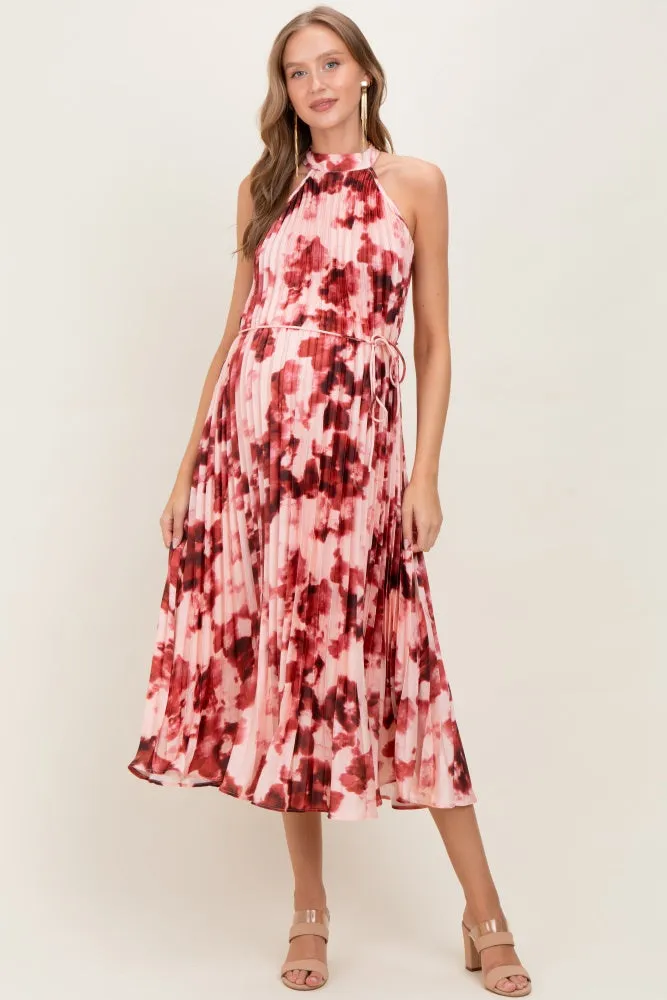 Red Floral Pleated Halter Maternity Midi Dress sold by Pinkblush