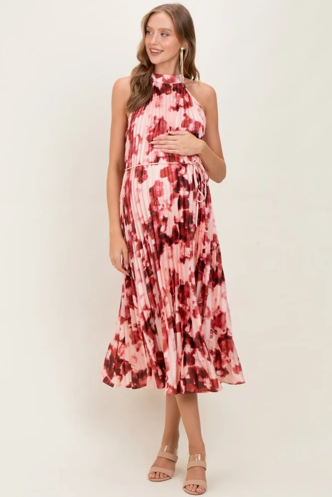 Red Floral Pleated Halter Maternity Midi Dress sold by Pinkblush product image thumbnail 2