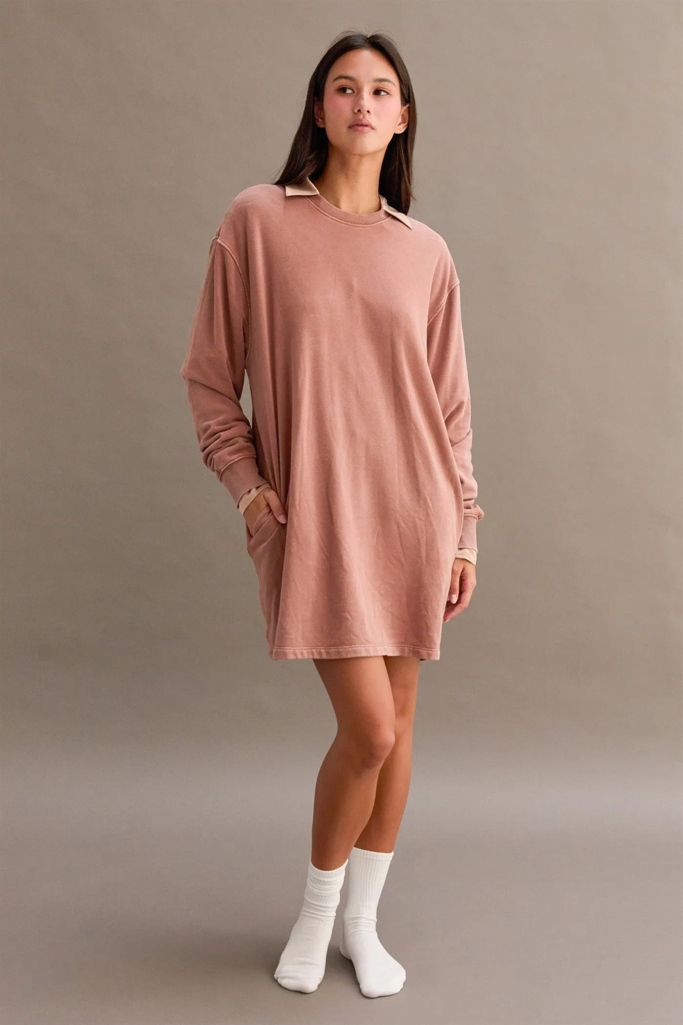 Light Taupe Mineral Wash Oversized Sweatshirt Mini Dress sold by Pinkblush