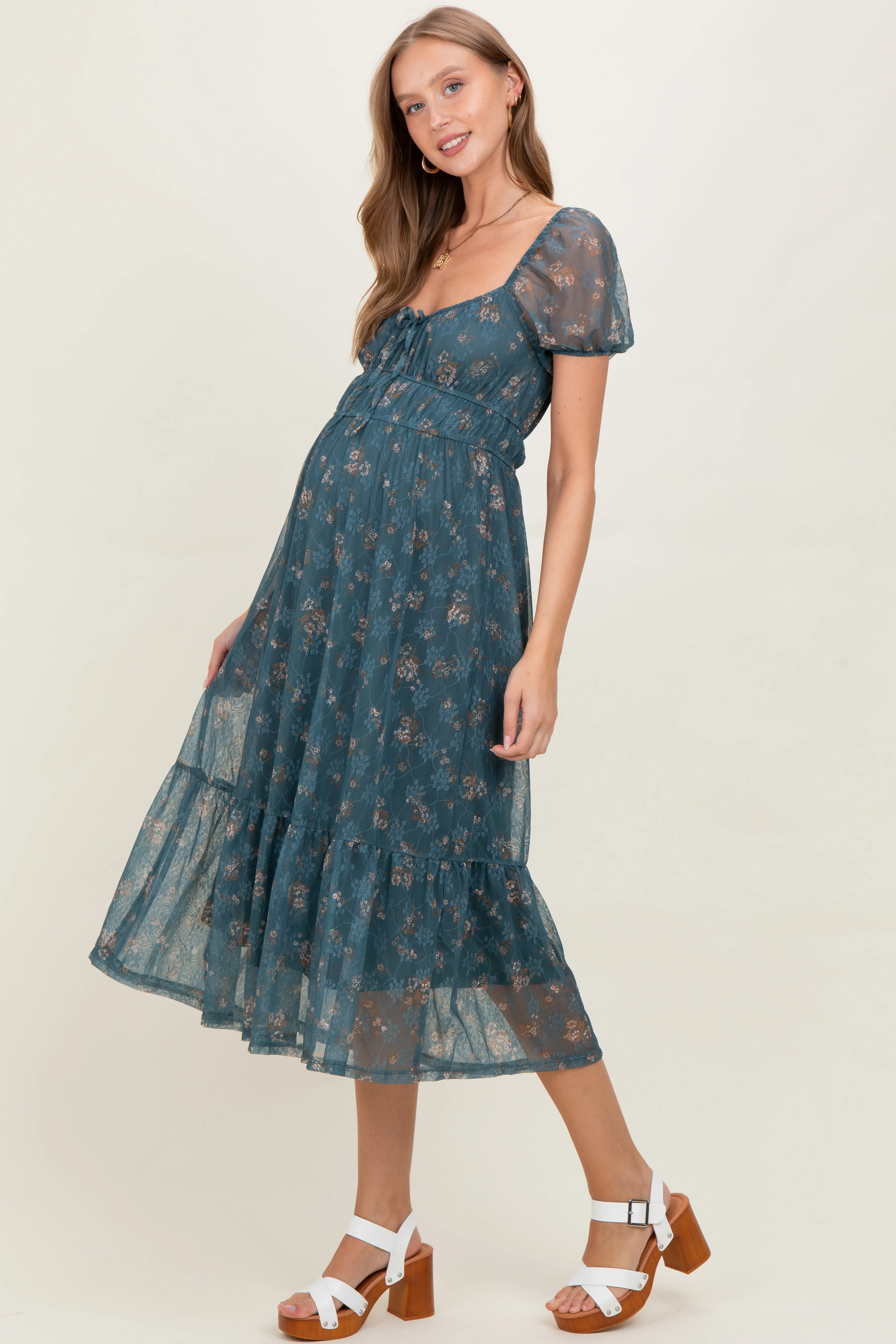 Deep Teal Floral Lace Overlay Puff Sleeve Maternity Midi Dress sold by Pinkblush product image thumbnail 2