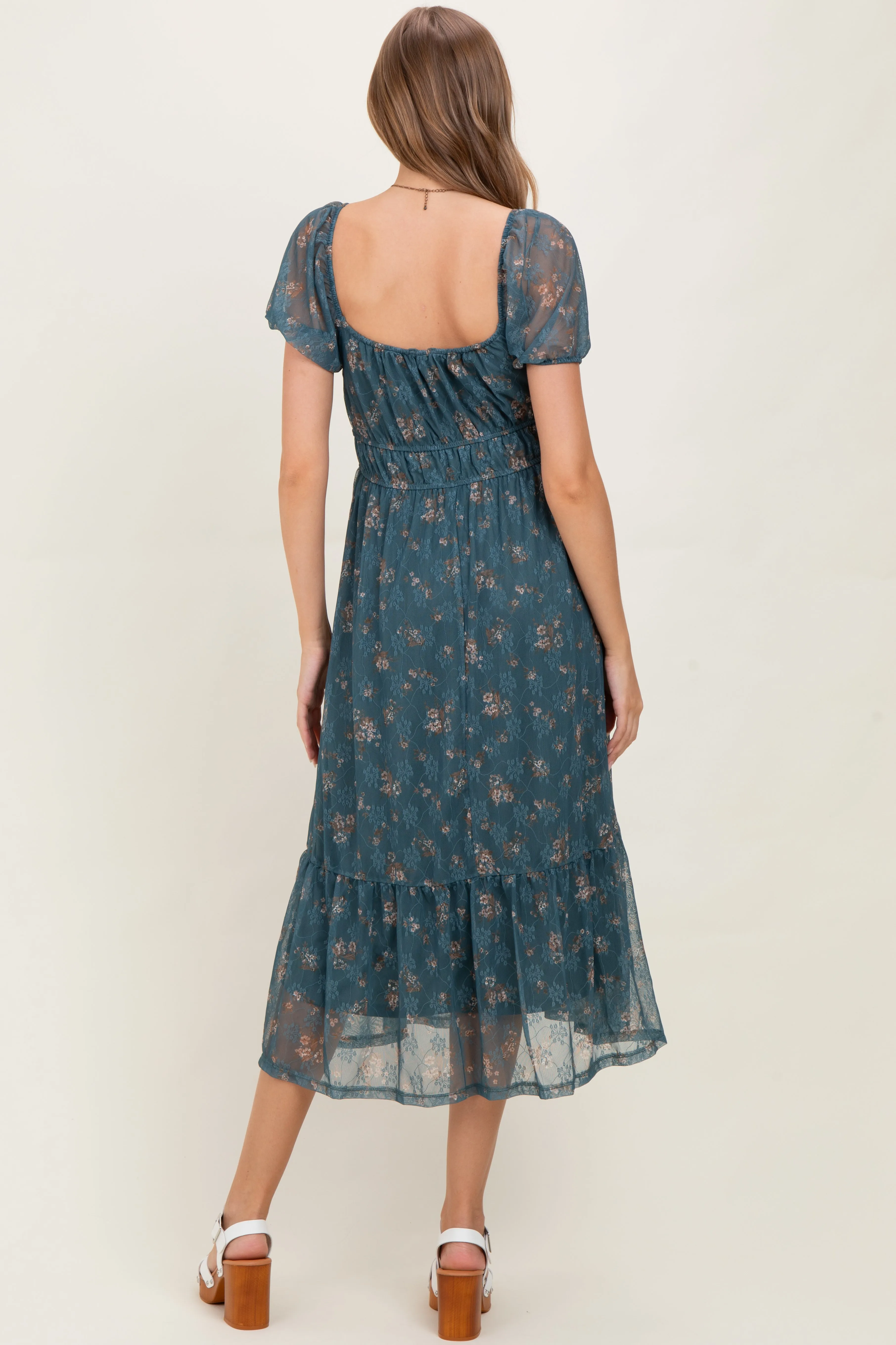 Deep Teal Floral Lace Overlay Puff Sleeve Maternity Midi Dress sold by Pinkblush product image thumbnail 3