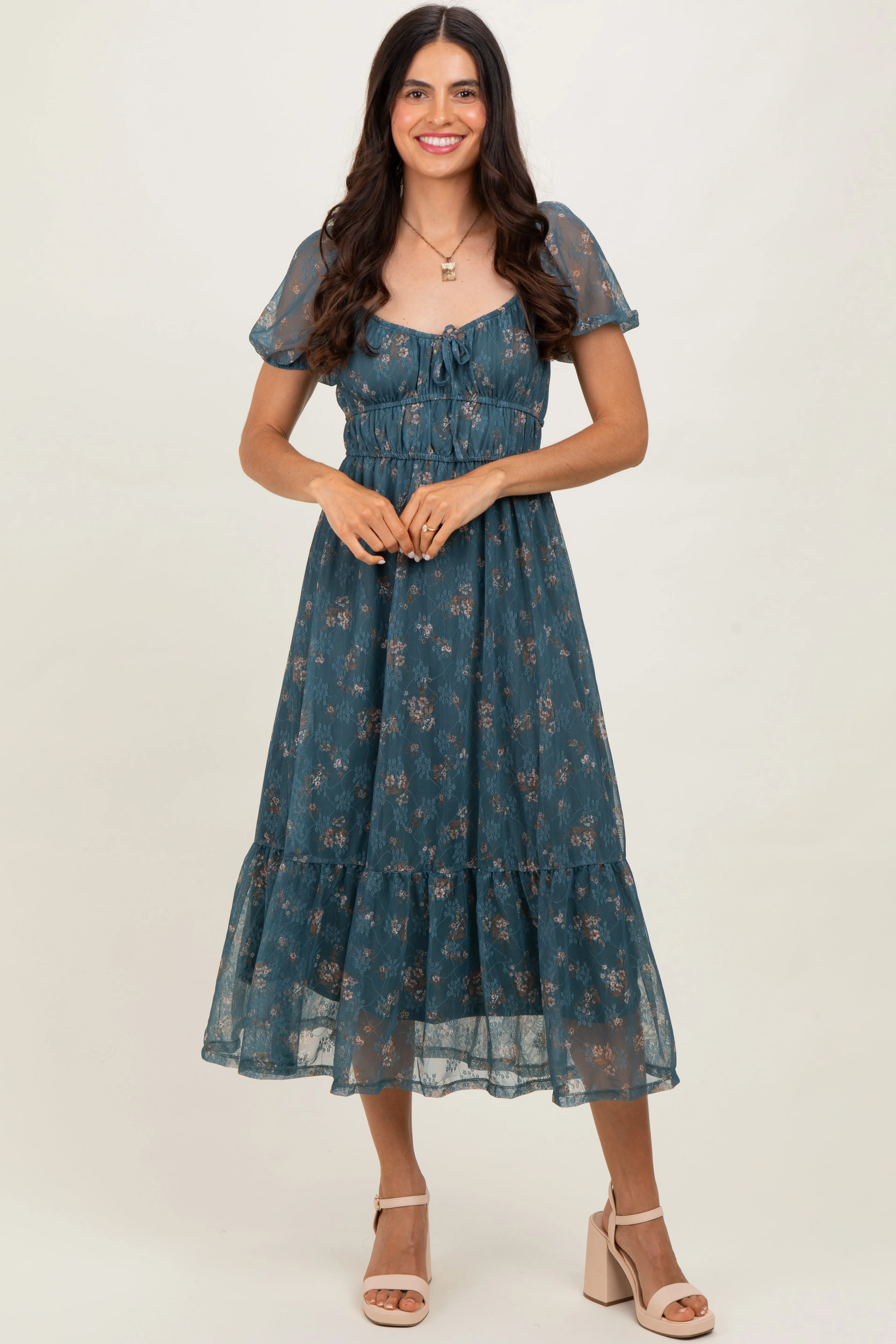 Deep Teal Floral Lace Overlay Puff Sleeve Maternity Midi Dress sold by Pinkblush product image thumbnail 4