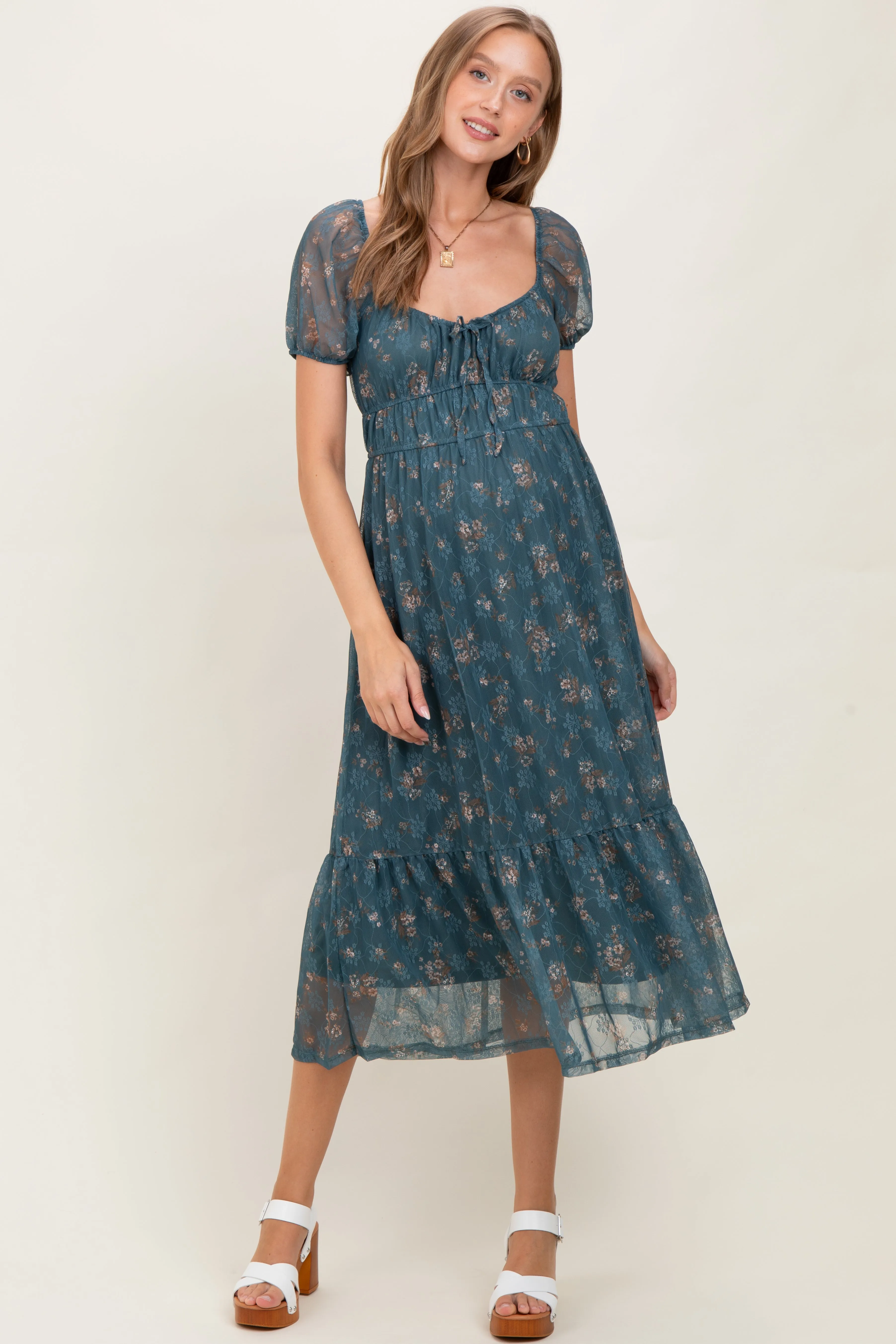 Deep Teal Floral Lace Overlay Puff Sleeve Maternity Midi Dress sold by Pinkblush
