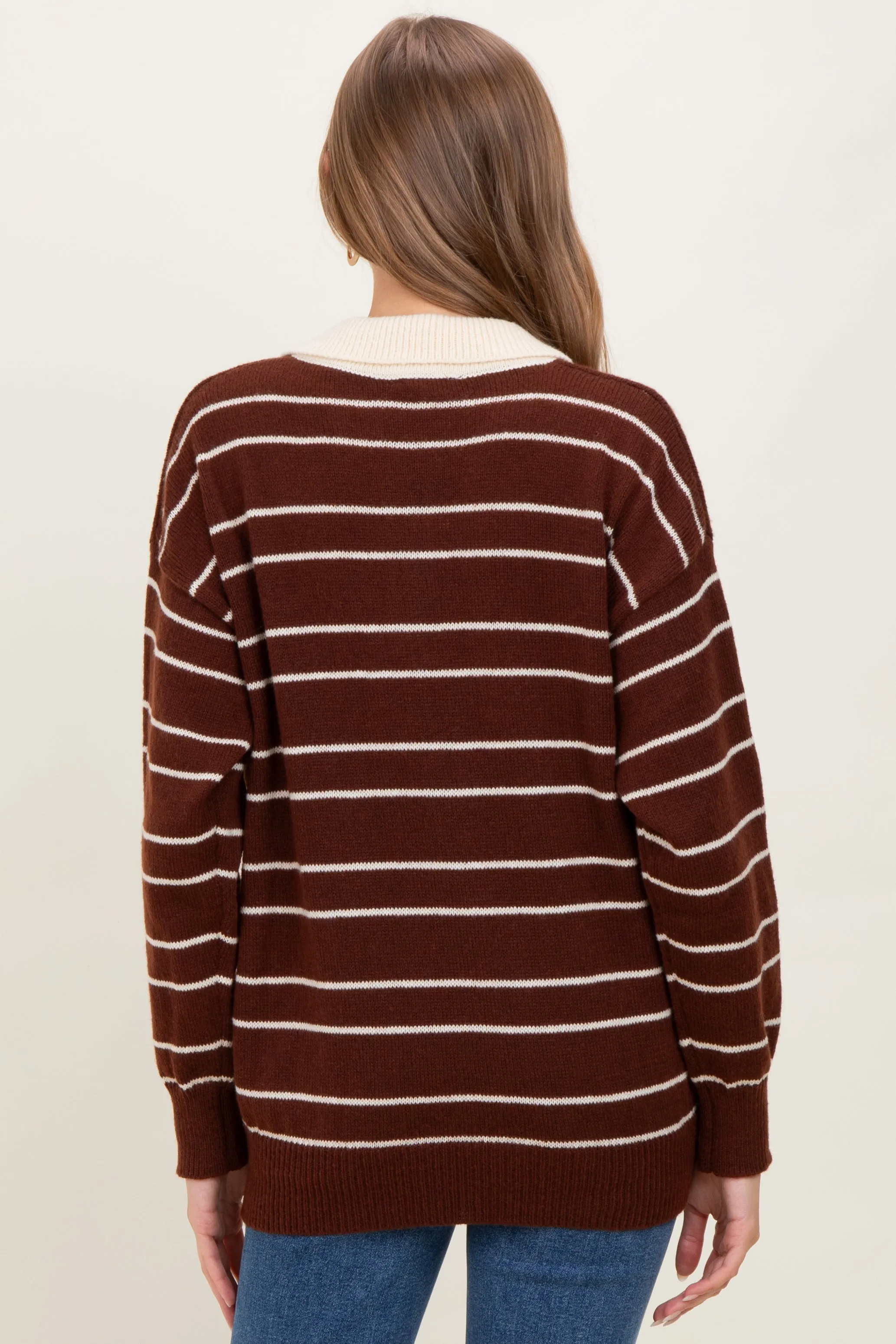 Brown Striped Knit Relaxed Fit Polo Maternity Sweater sold by Pinkblush product image thumbnail 4