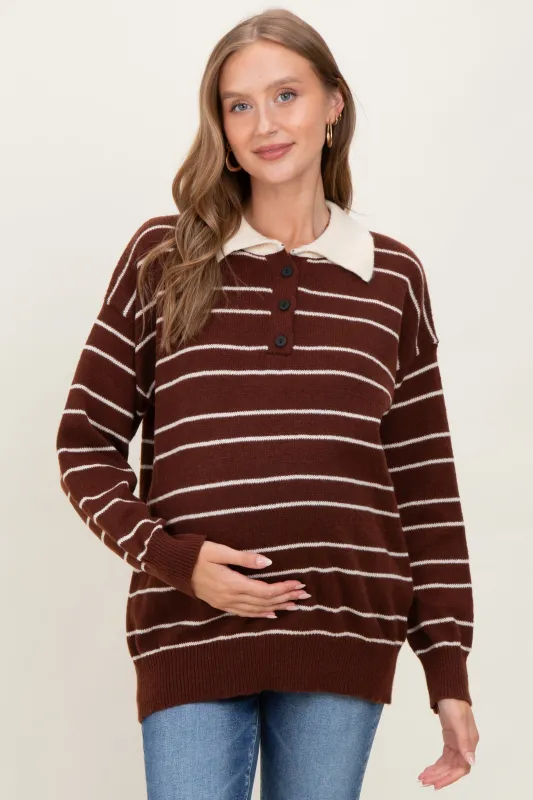 Brown Striped Knit Relaxed Fit Polo Maternity Sweater sold by Pinkblush