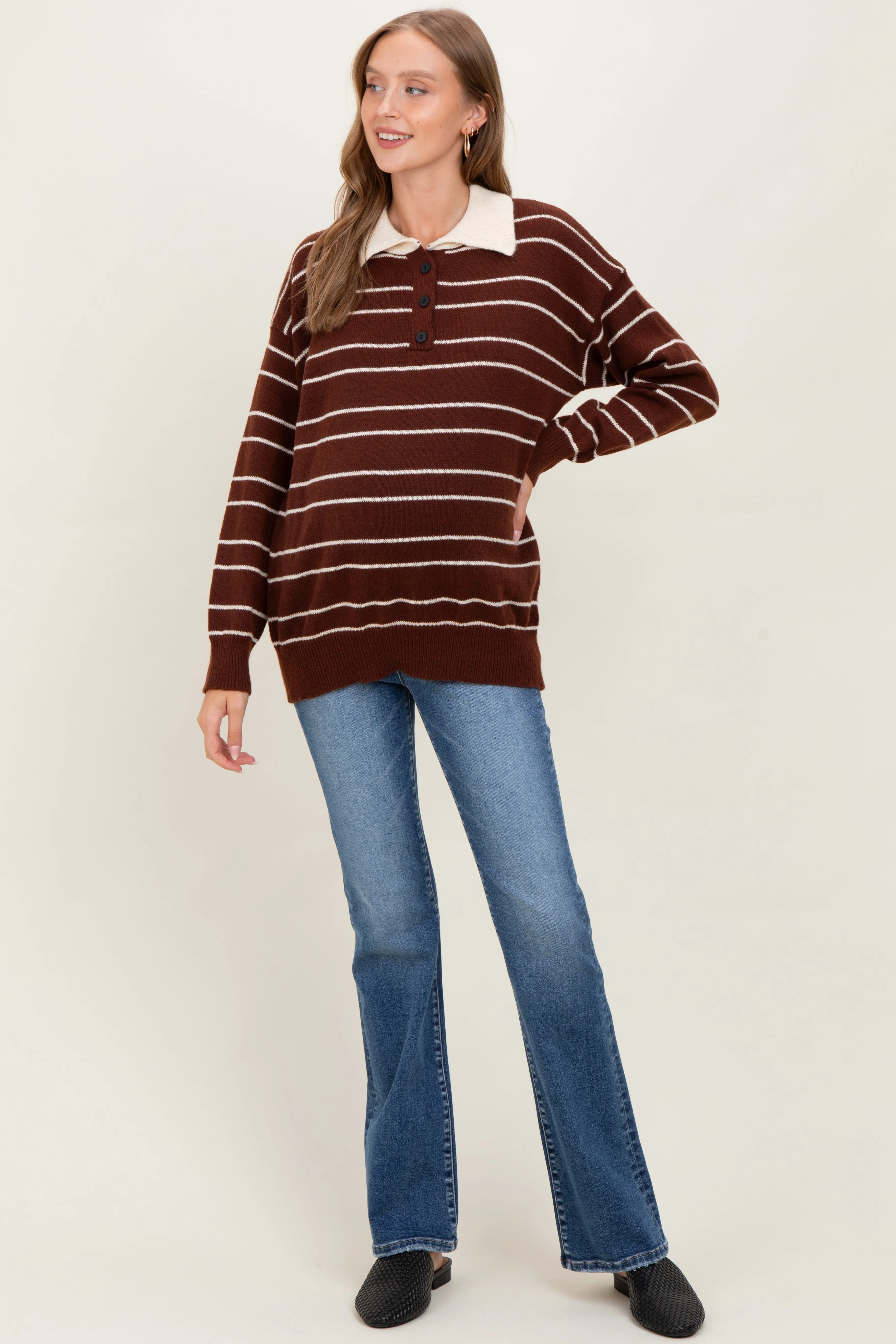 Brown Striped Knit Relaxed Fit Polo Maternity Sweater sold by Pinkblush product image thumbnail 2