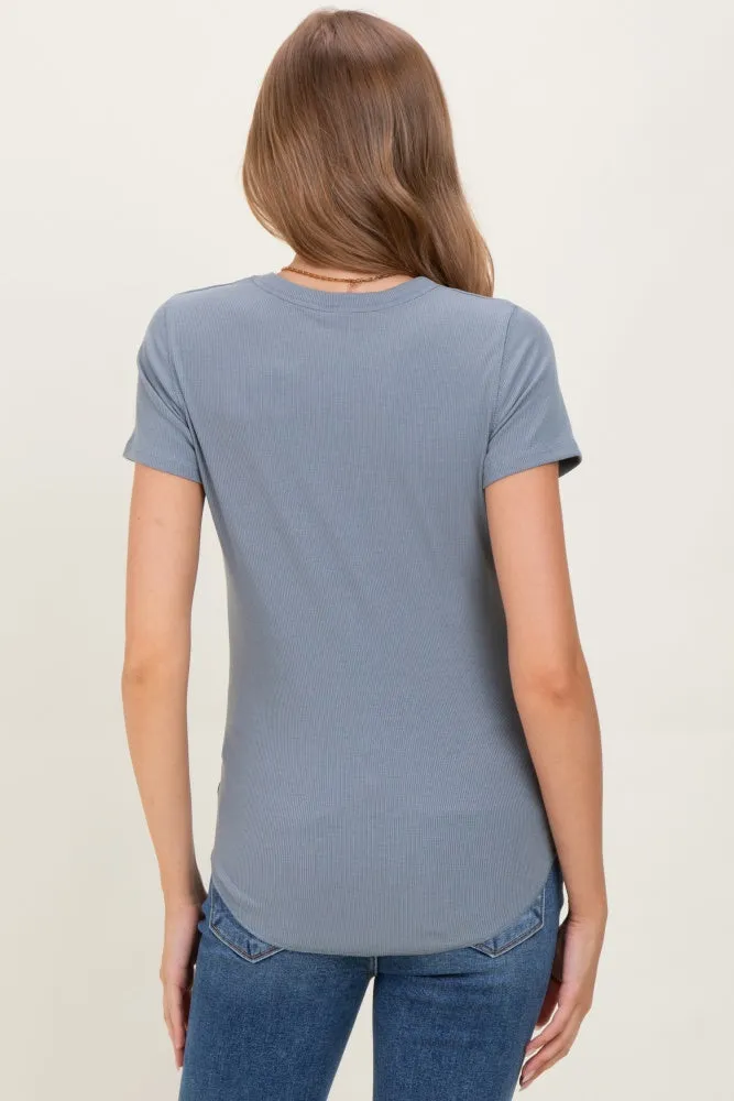 Blue Ribbed Short Sleeve Curved Hem Maternity Top sold by Pinkblush product image thumbnail 4