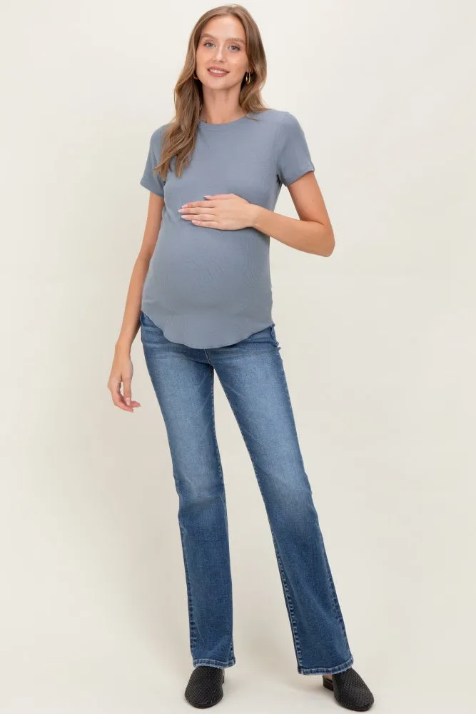 Blue Ribbed Short Sleeve Curved Hem Maternity Top sold by Pinkblush product image thumbnail 2