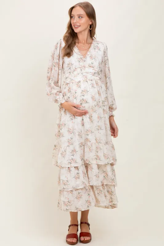 Cream Vintage Floral Ruffle Tiered Hem Maternity Maxi Dress sold by Pinkblush
