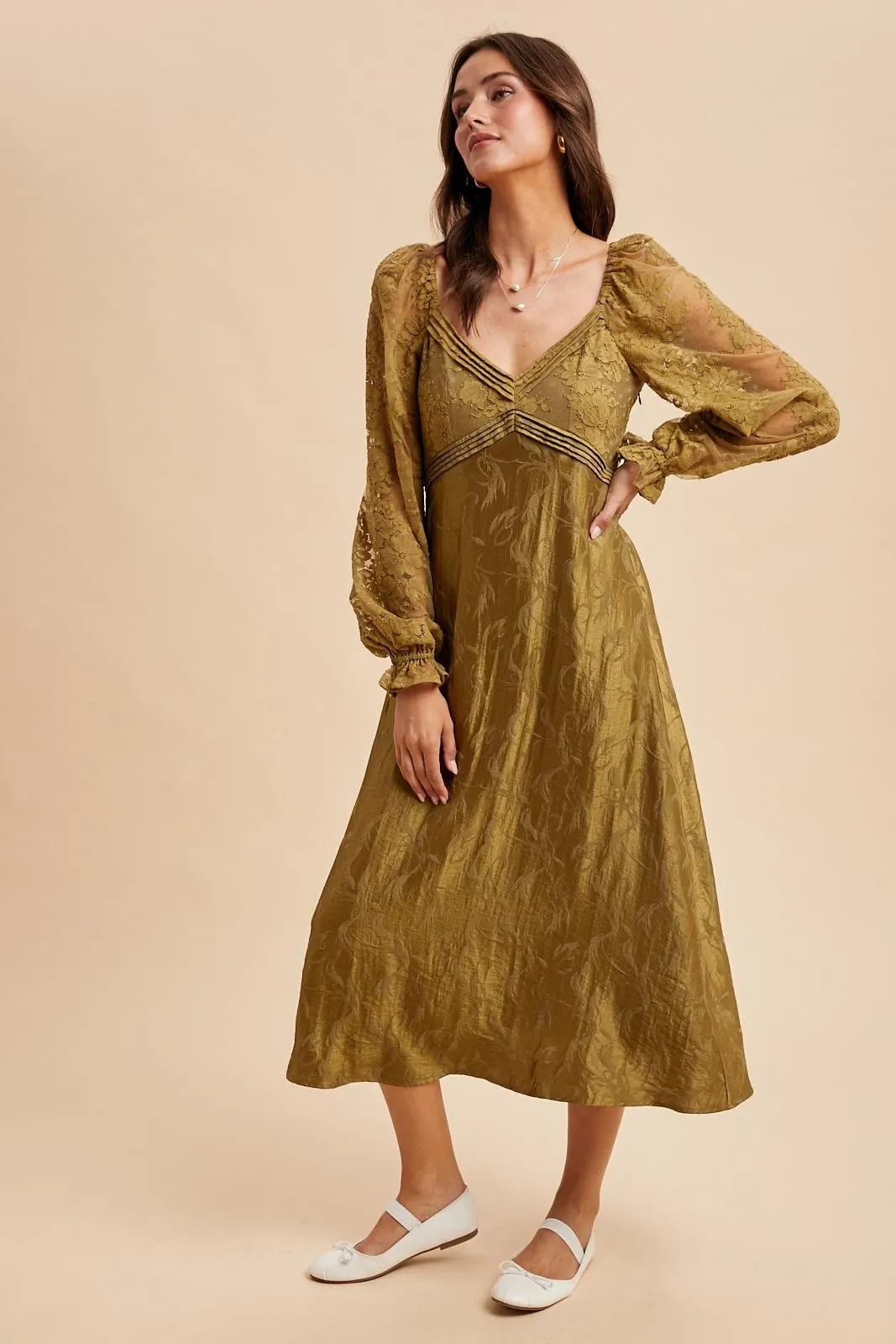 Olive Lace Jacquard Long Sleeve Midi Dress sold by Pinkblush product image thumbnail 3