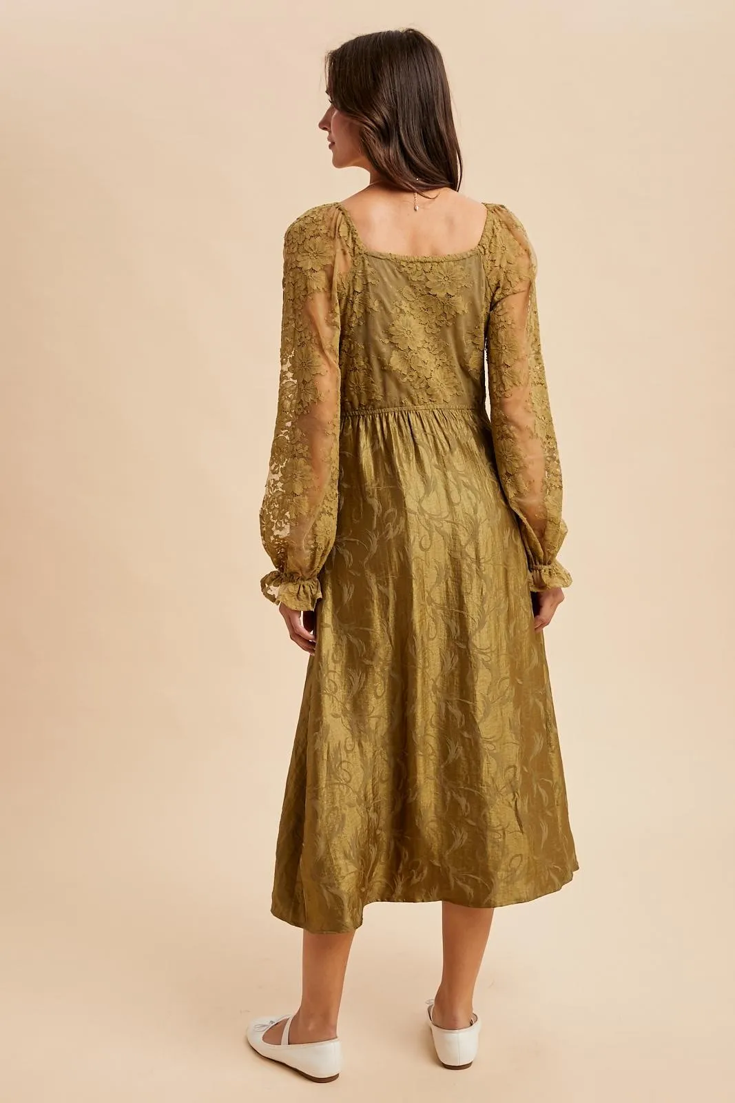 Olive Lace Jacquard Long Sleeve Midi Dress sold by Pinkblush product image thumbnail 4