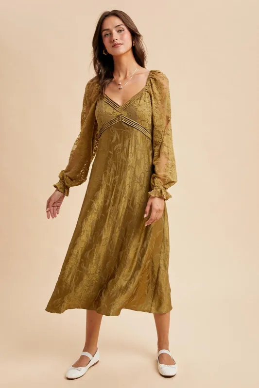 Olive Lace Jacquard Long Sleeve Midi Dress sold by Pinkblush