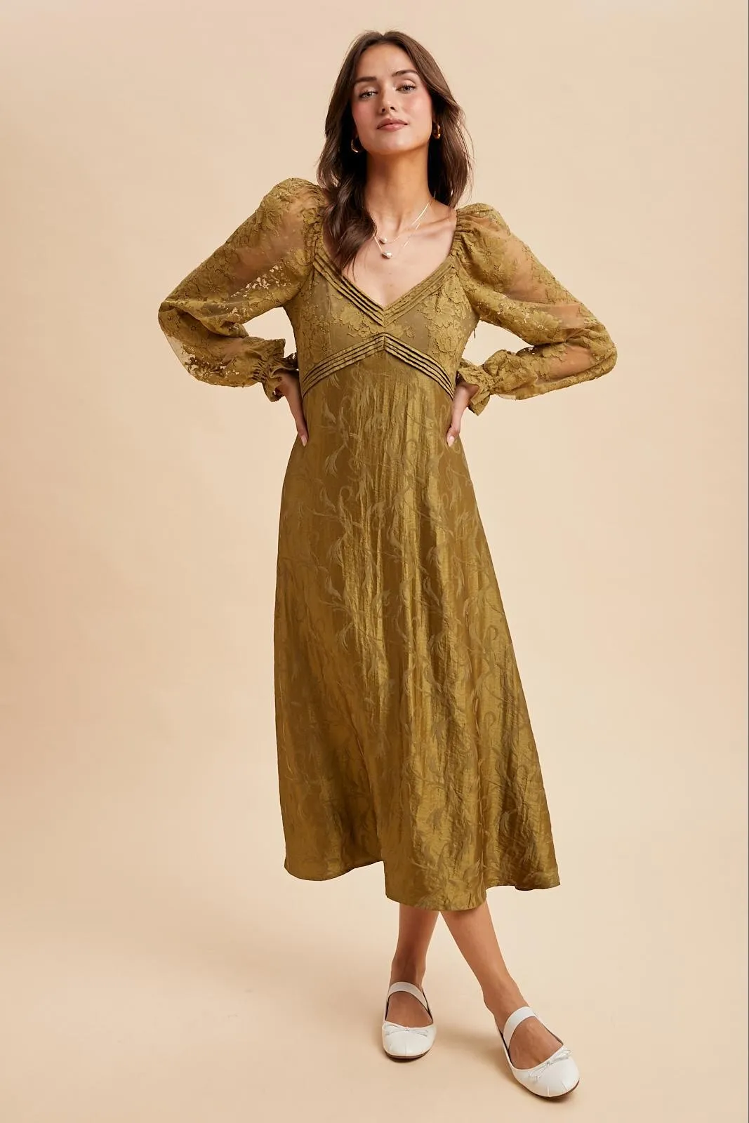 Olive Lace Jacquard Long Sleeve Midi Dress sold by Pinkblush product image thumbnail 2