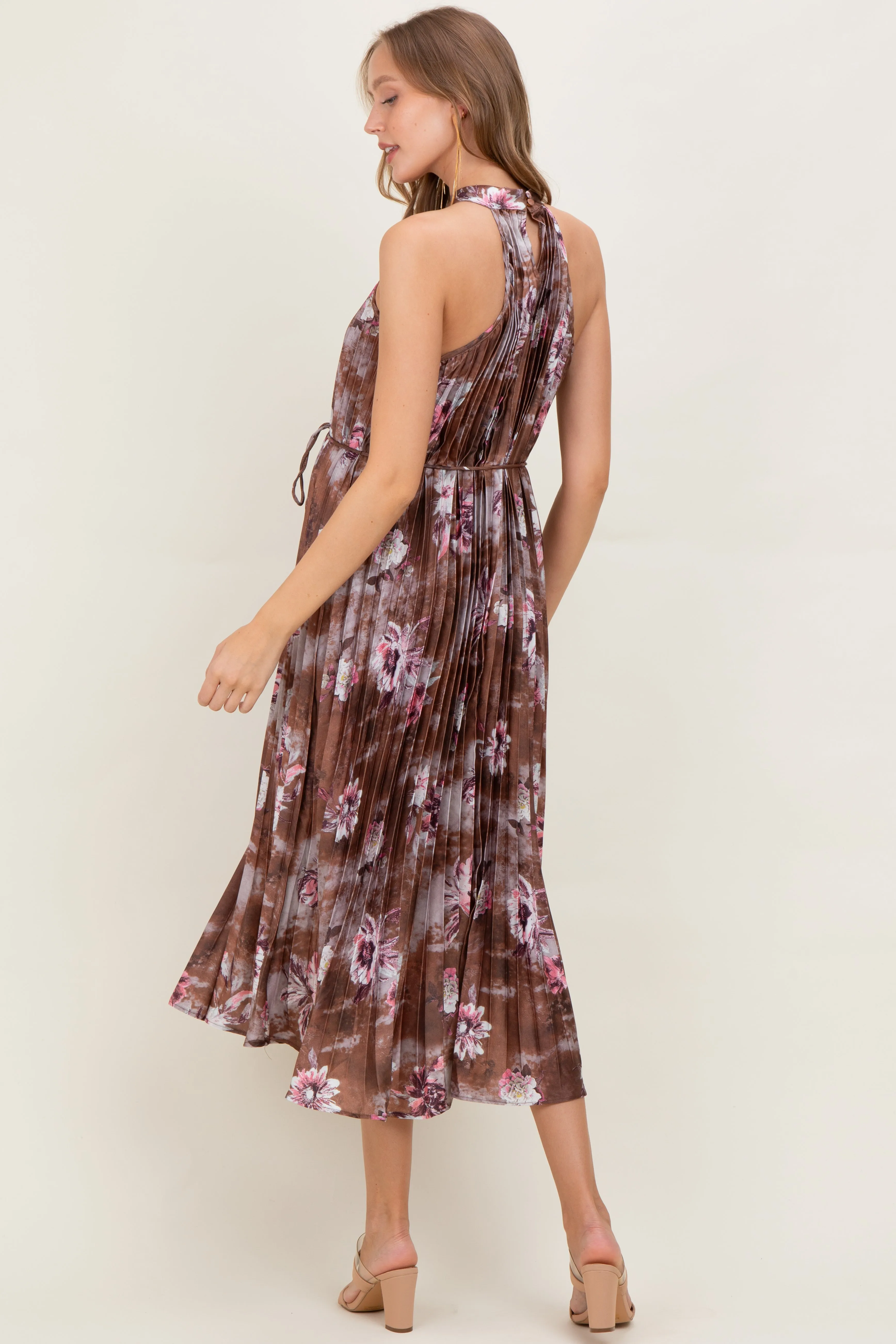 Brown Floral Pleated Halter Maternity Midi Dress sold by Pinkblush product image thumbnail 4