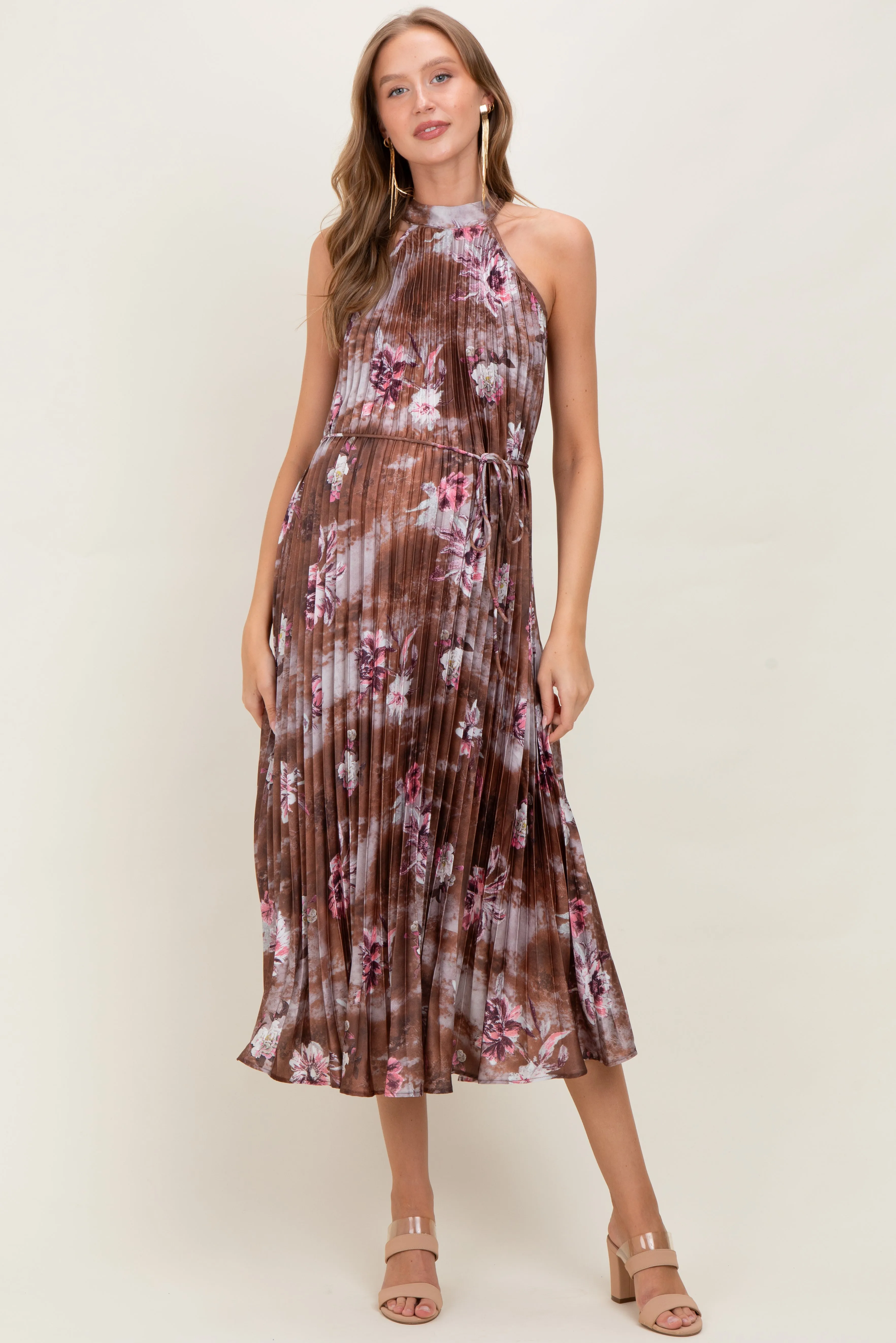 Brown Floral Pleated Halter Maternity Midi Dress sold by Pinkblush