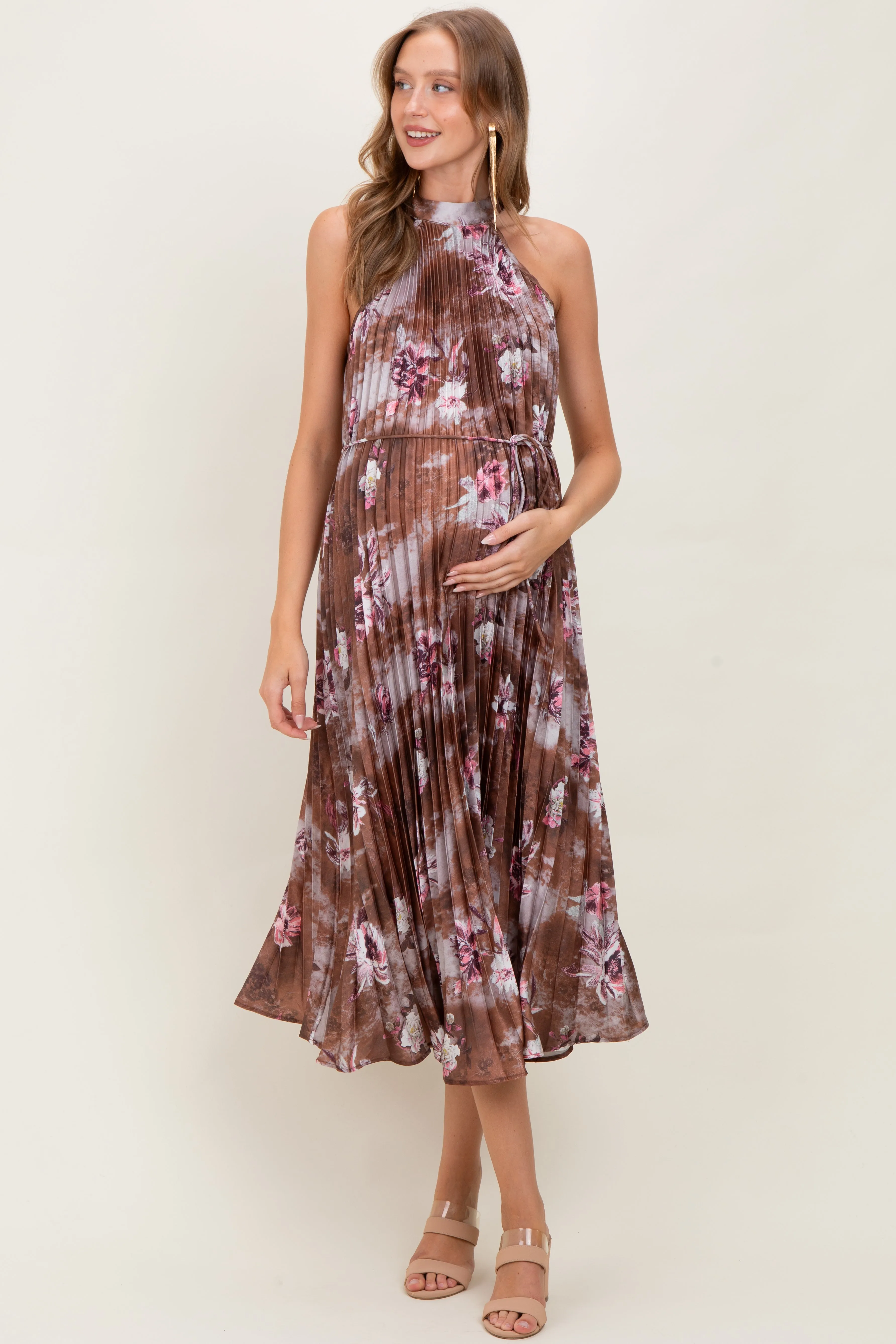 Brown Floral Pleated Halter Maternity Midi Dress sold by Pinkblush product image thumbnail 2
