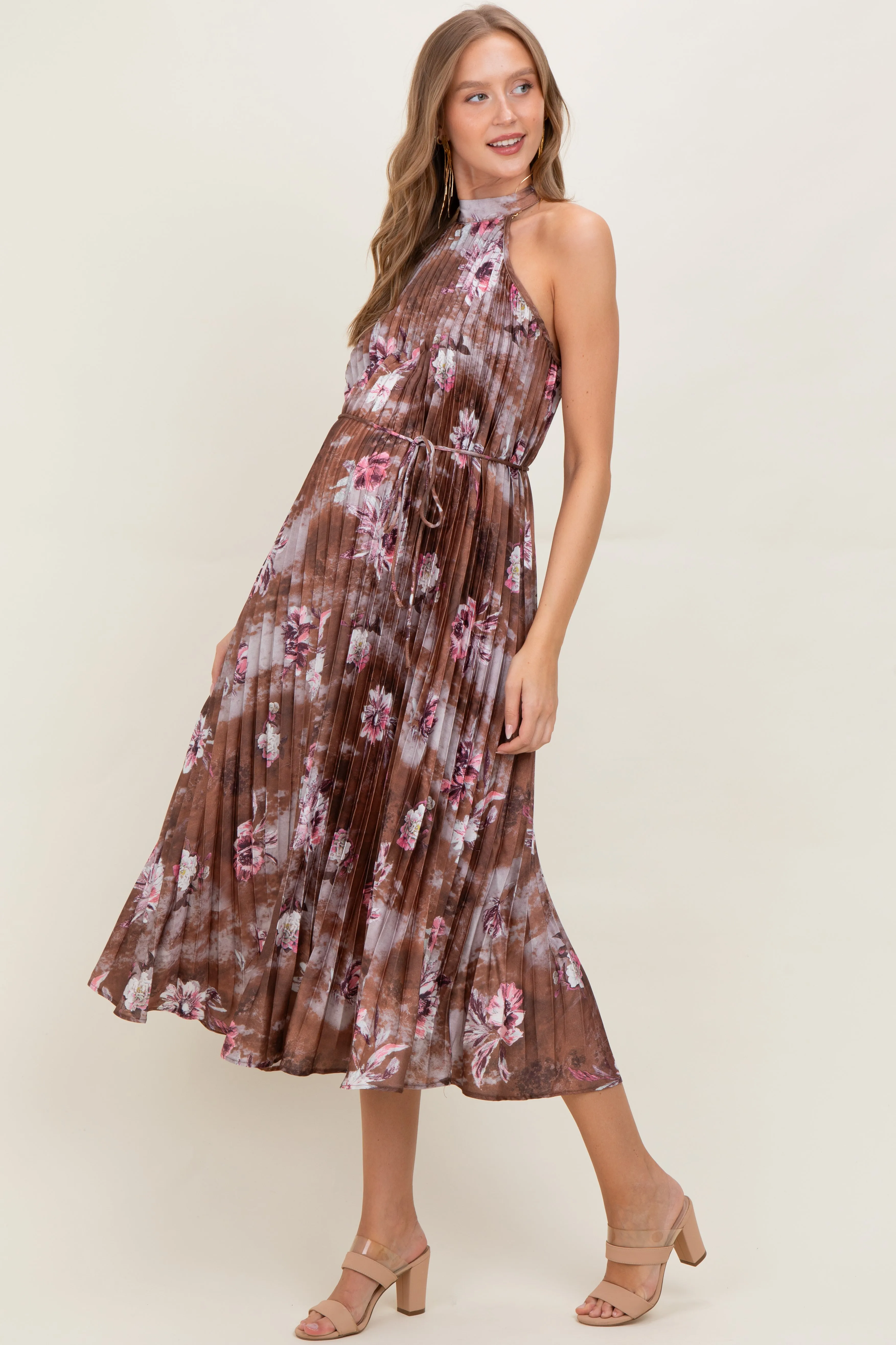 Brown Floral Pleated Halter Maternity Midi Dress sold by Pinkblush product image thumbnail 3