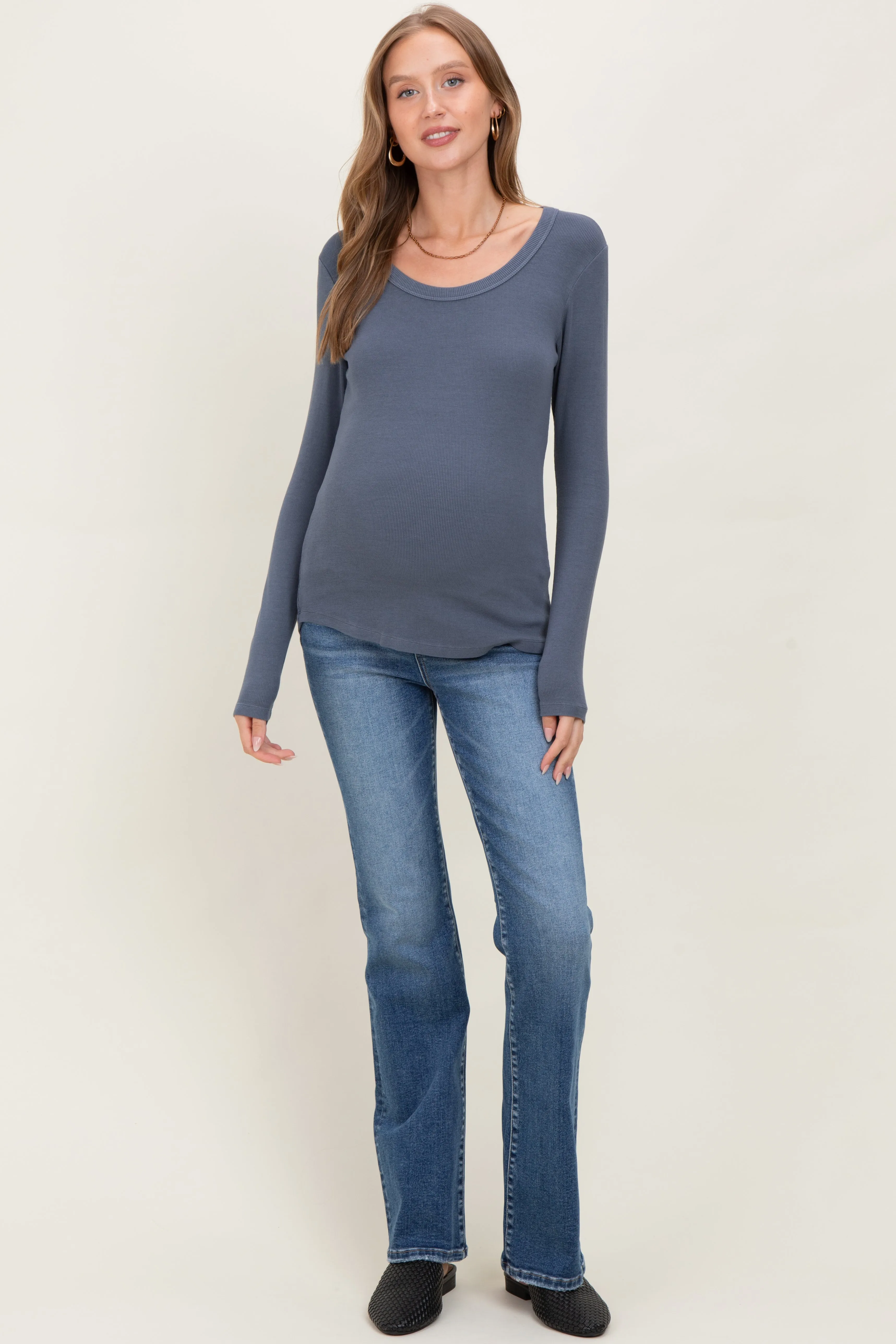 Dark Blue Fine Rib Scoop Neck Maternity Long Sleeve Top sold by Pinkblush product image thumbnail 2