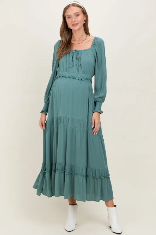 Teal Square Neck Long Sleeve Maternity Maxi Dress sold by Pinkblush