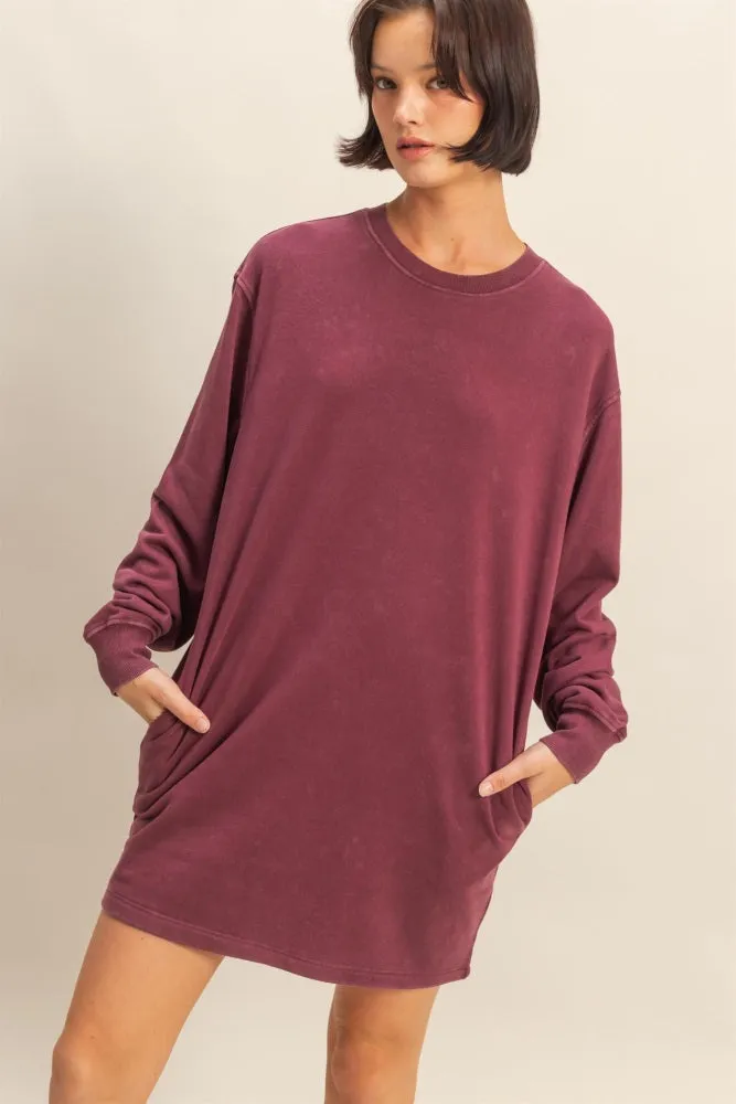 Burgundy Mineral Wash Oversized Sweatshirt Mini Dress sold by Pinkblush