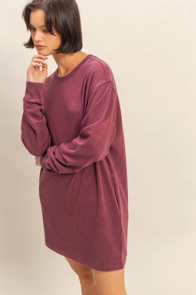 Burgundy Mineral Wash Oversized Sweatshirt Mini Dress sold by Pinkblush product image thumbnail 2