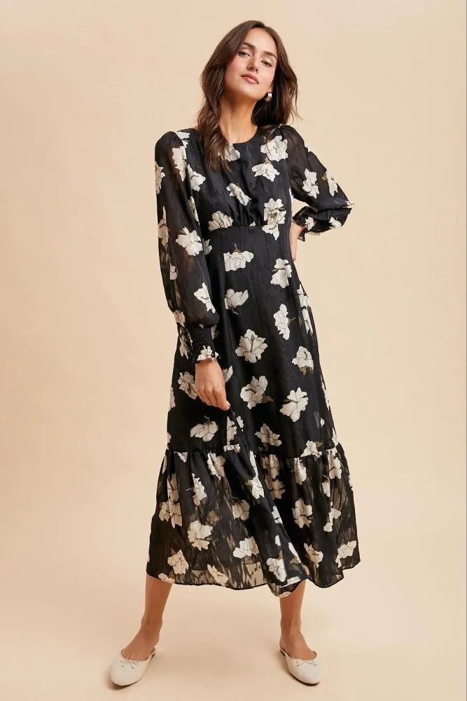 Black Floral Textured Bubble Sleeve Midi Dress sold by Pinkblush product image thumbnail 2