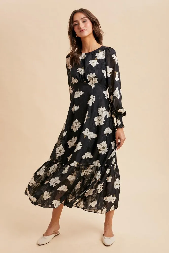 Black Floral Textured Bubble Sleeve Midi Dress sold by Pinkblush product image thumbnail 3