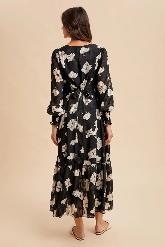 Black Floral Textured Bubble Sleeve Midi Dress sold by Pinkblush product image thumbnail 4