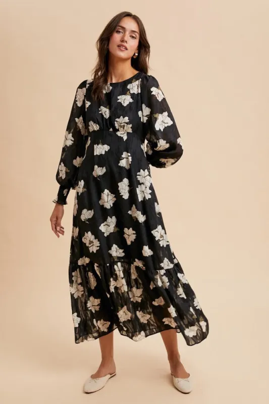 Black Floral Textured Bubble Sleeve Midi Dress sold by Pinkblush