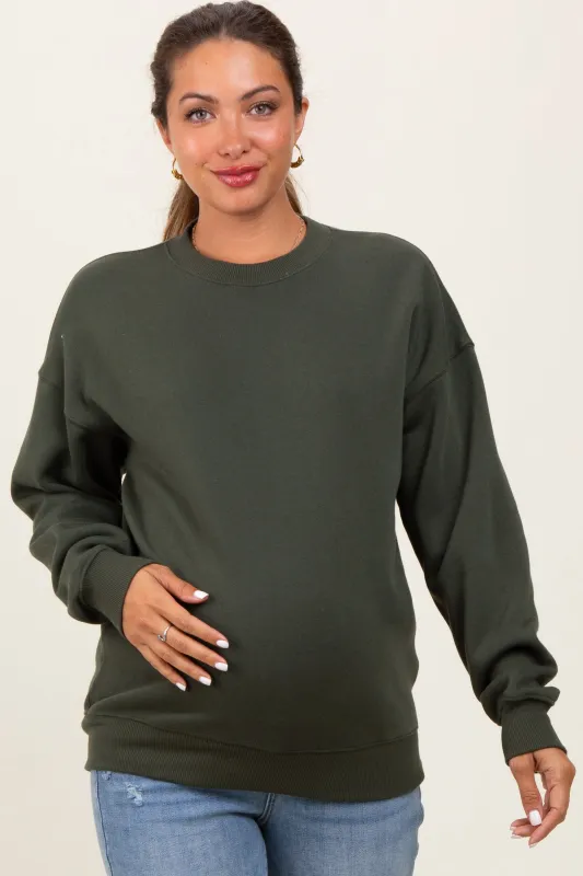 Olive Fleece Crew Neck Relaxed Fit Maternity Sweatshirt sold by Pinkblush