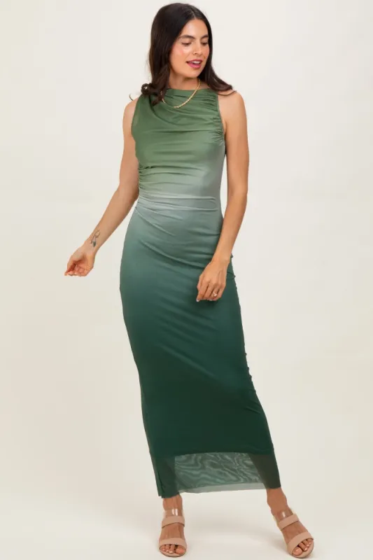 Forest Green Ombre Mesh Ruched Sleeveless Midi Dress sold by Pinkblush