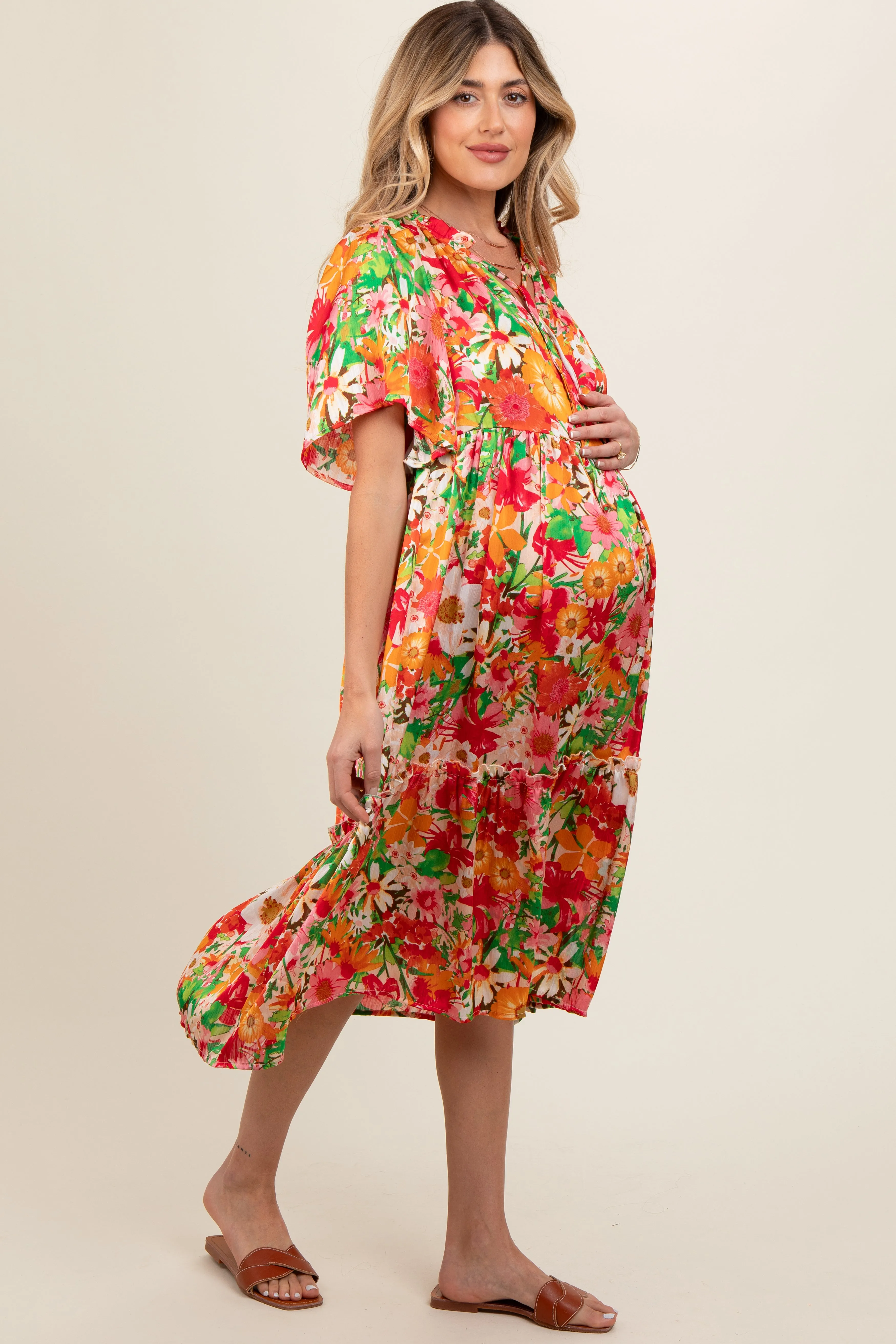Cream Floral Satin Ruffle Short Flutter Sleeve Maternity Midi Dress sold by Pinkblush product image thumbnail 3