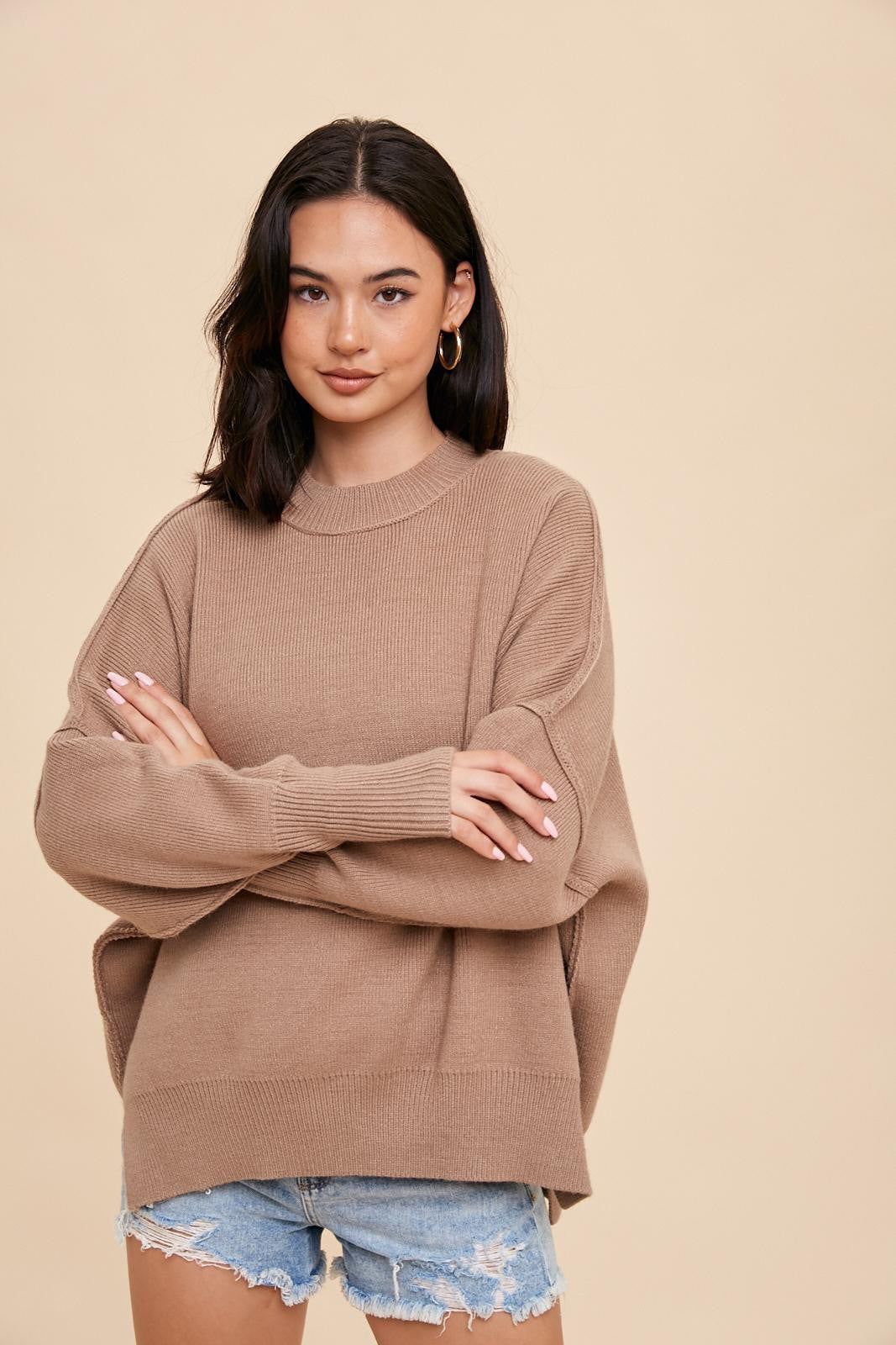 Taupe Knit Mock Neck Sweater sold by Pinkblush