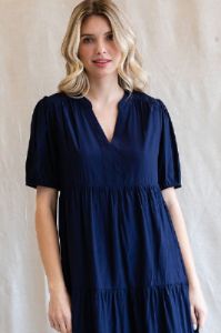 Navy Tiered V-Neck Midi Dress sold by Pinkblush
